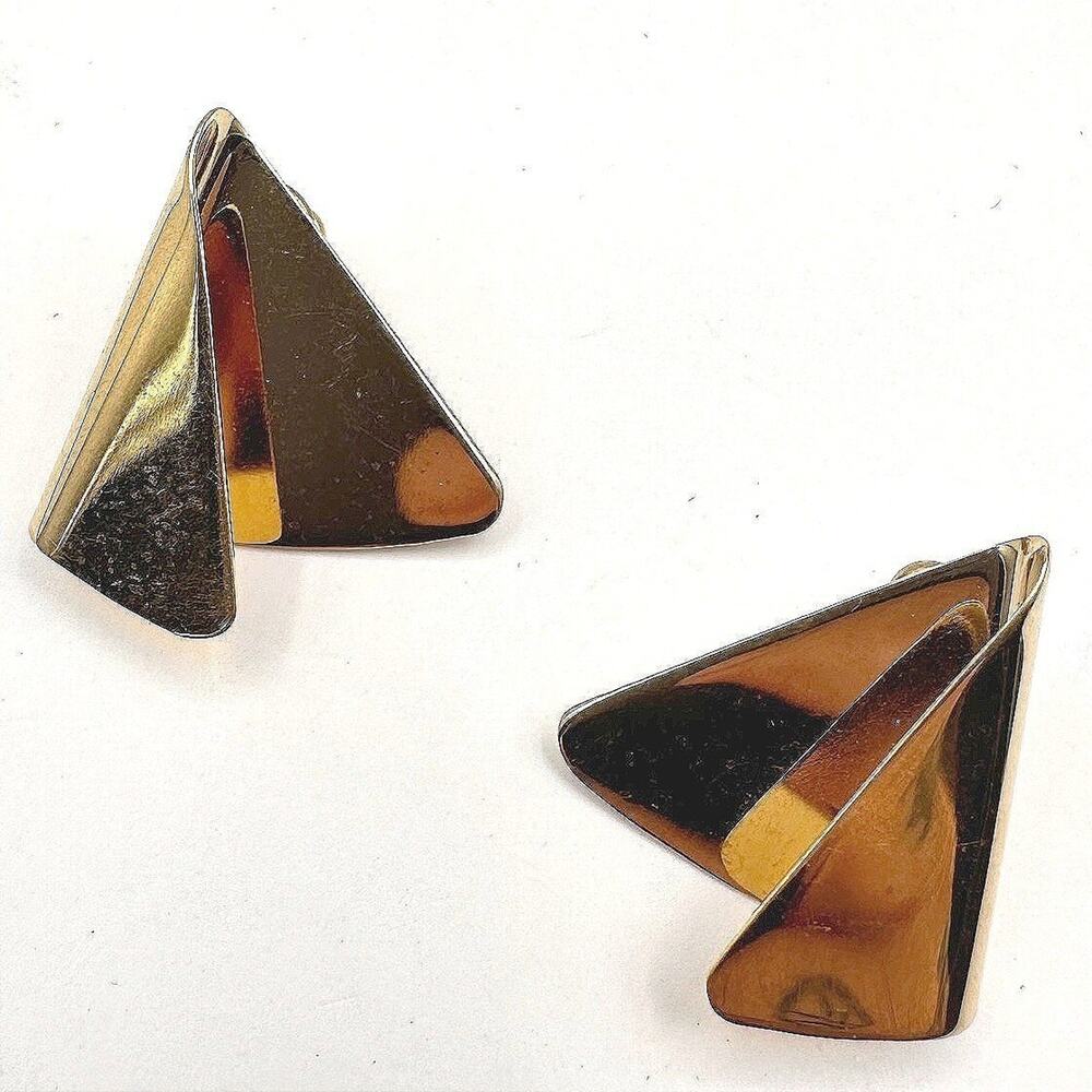 Vintage 80s Gold Tone Geometric Triangle Fold Stud Earrings Modernist Jewelry